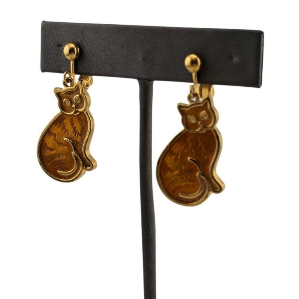 Vintage Cat Earrings Gold Tone Dark Gold Enamel Clip On Dangle Figural 1"